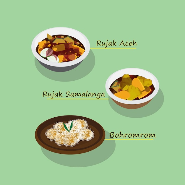 Vector típica aceh culinaria, comida indonesia