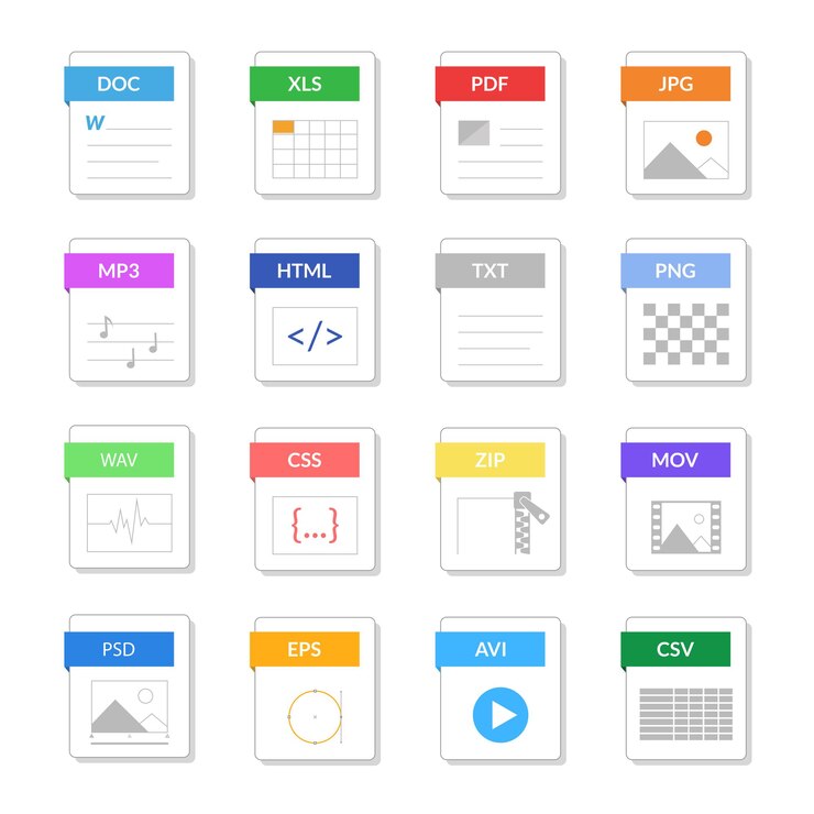 Vector tipo de archivo señales de color icones conjunto incluye de pdf jpg png mp3 doc html avi y eps ilustración vectorial