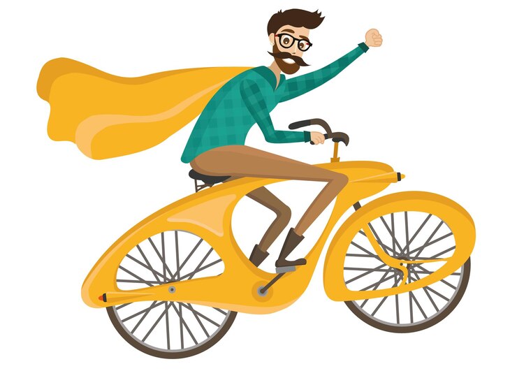 Un tipo en una bicicleta amarilla de un modelo antiguo Ilustración plana