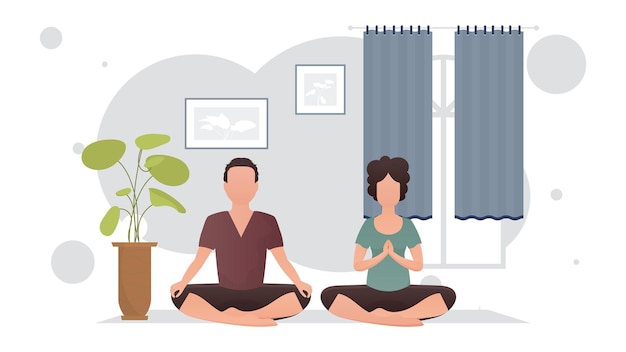 Un tipo bien construido y una niña están meditando en una habitación al estilo de dibujos animados de meditación