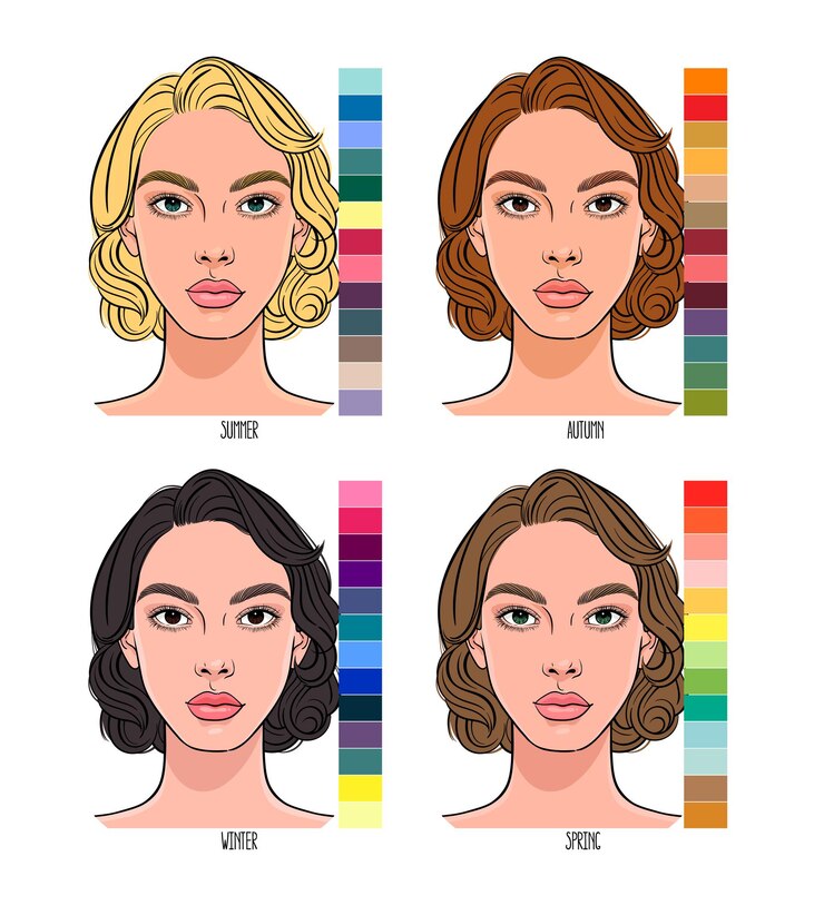 Vector tipo de color estacional de apariencia femenina con una paleta de colores adecuada para ellas. verano, otoño, invierno, primavera tipo de color