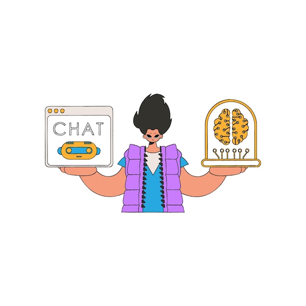 Un tipo conversando con IA en un dispositivo portátil, ilustrado en forma vectorial.