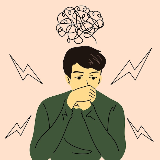 Un tipo deprimido con problemas nerviosos se siente ansioso Ilustración vectorial en estilo plano de dibujos animados