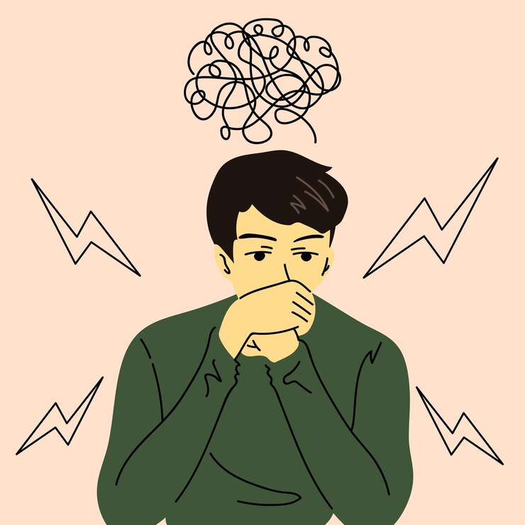Vector un tipo deprimido con problemas nerviosos se siente ansioso ilustración vectorial en estilo plano de dibujos animados