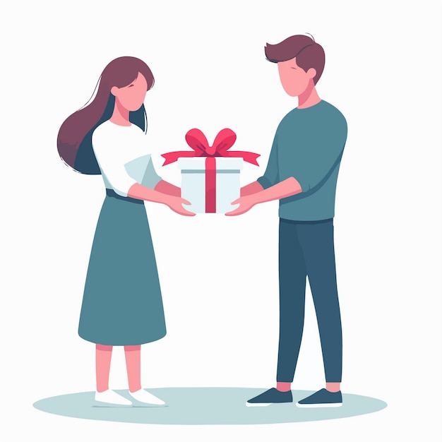 El tipo del día de San Valentín le da una caja de regalo a una pareja de chicas enamoradas del vector en estilo de dibujos animados