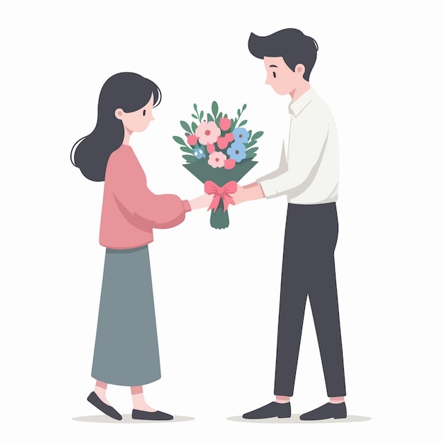 El tipo del día de San Valentín le da un ramo de flores a una pareja de chicas enamoradas vector en estilo de dibujos animados