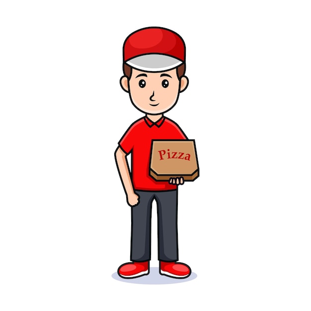 tipo de dibujos animados con sombrero. Agradable hombre guapo con ropa de entrega de pizza, sosteniendo una pizza. aislado en