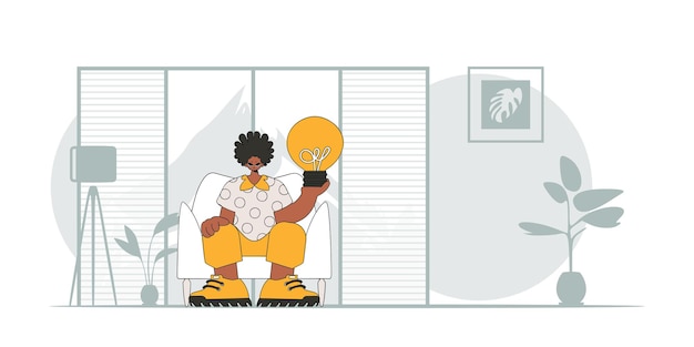 Un tipo elegante sostiene una bombilla en sus manos Ilustración sobre el tema de la aparición de una idea
