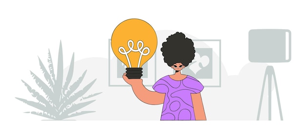 Un tipo elegante sostiene una bombilla en sus manos Ilustración sobre el tema de la aparición de una idea