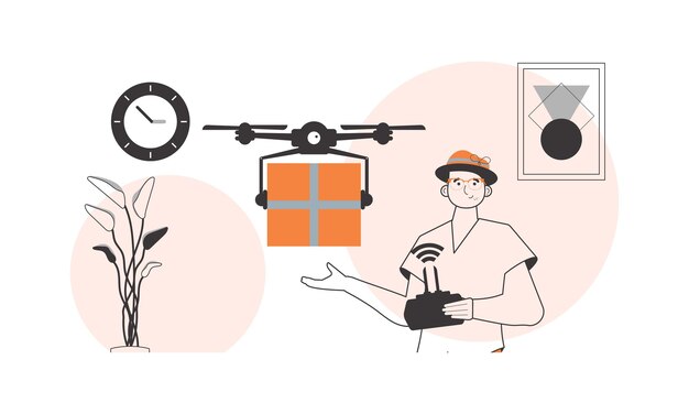 El tipo entrega el paquete por drone Concepto de entrega aérea Estilo lineal