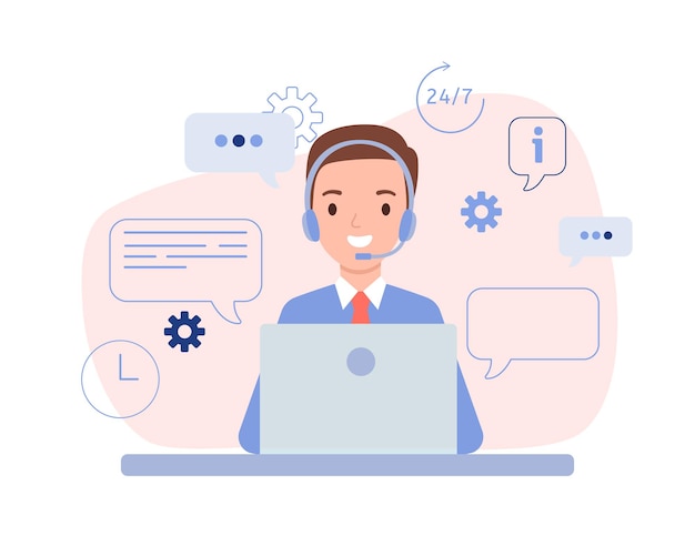 El tipo es un operador con auriculares y una computadora portátil. Soporte técnico para clientes 24 horas al día, 7 días a la semana, línea telefónica directa para empresas. Ilustración de vector de estilo plano.