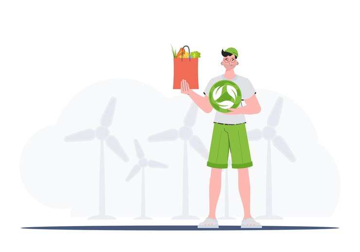 Vector el tipo está representado en pleno crecimiento sosteniendo un icono de eko y un paquete con una nutrición adecuada. el concepto de ecología, cero residuos y alimentación saludable. ilustración vectorial de estilo tendencia.