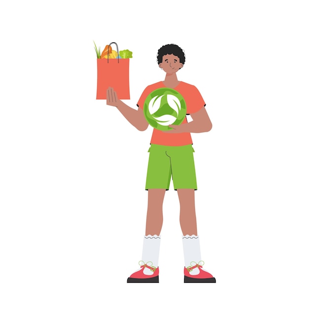 El tipo está representado en pleno crecimiento y sostiene un paquete con comida saludable en sus manos y muestra un icono aislado en fondo blanco Ilustración de vector de estilo de tendencia