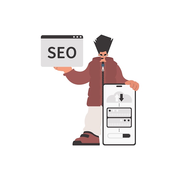 El tipo está sosteniendo una nube de información y un servidor separados en una base blanca Ilustración vectorial de estilo trendy