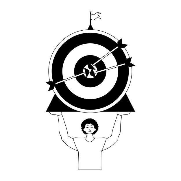 El tipo está sosteniendo un objetivo con una flecha en el campo de juego de la plaza concepto de logro negro y blanco trazo lineal estilo de moda ilustración vectorial
