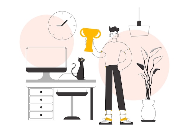 El tipo está sosteniendo una taza de estilo lineal de moda Vector