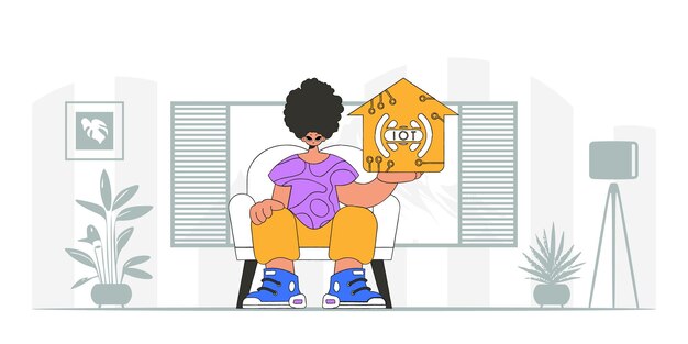 Un tipo con un estilo vectorial moderno se sienta en el suelo y sostiene un logotipo de IoT.
