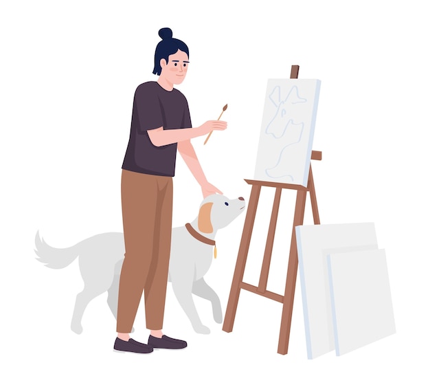 Un tipo feliz acariciando a un perro y pintando sobre un lienzo con un carácter vectorial de color semiplano