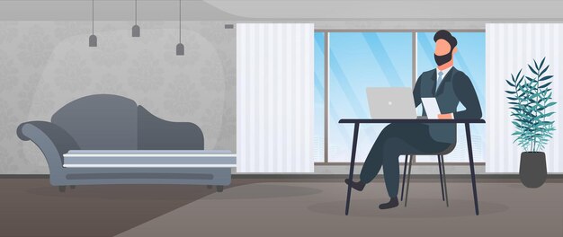 Un tipo con gafas se sienta en una mesa en su oficina. Un hombre trabaja en una computadora portátil. Oficina, estantería, hombre de negocios, lámpara de pie. Concepto de trabajo de oficina. Vector.