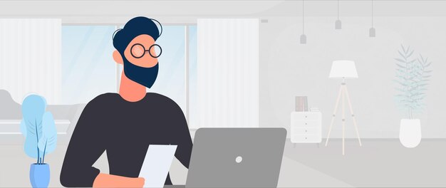 Un tipo con gafas se sienta en una mesa en su oficina. Un hombre trabaja en una computadora portátil. Oficina, estantería, hombre de negocios, lámpara de pie. Concepto de trabajo de oficina. Vector.