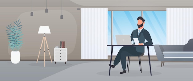 Un tipo con gafas se sienta en una mesa en su oficina. Un hombre trabaja en una computadora portátil. Oficina, estantería, hombre de negocios, lámpara de pie. Concepto de trabajo de oficina. Vector.
