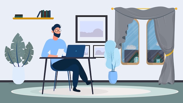 Un tipo con gafas se sienta en una mesa en su oficina. Un hombre trabaja en una computadora portátil. Oficina, estantería, hombre de negocios, lámpara de pie. Concepto de trabajo de oficina. .