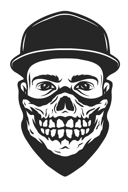 Un tipo con una gorra de béisbol y un pañuelo con un patrón de calavera.