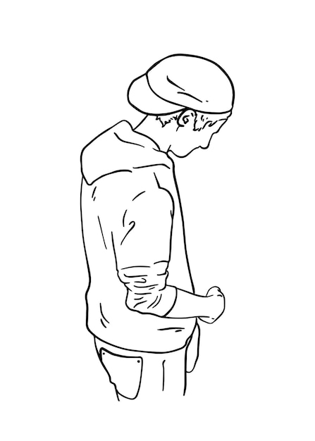 Un tipo con una gorra y una sudadera con un tocado de capucha dibuja dibujos animados lineales