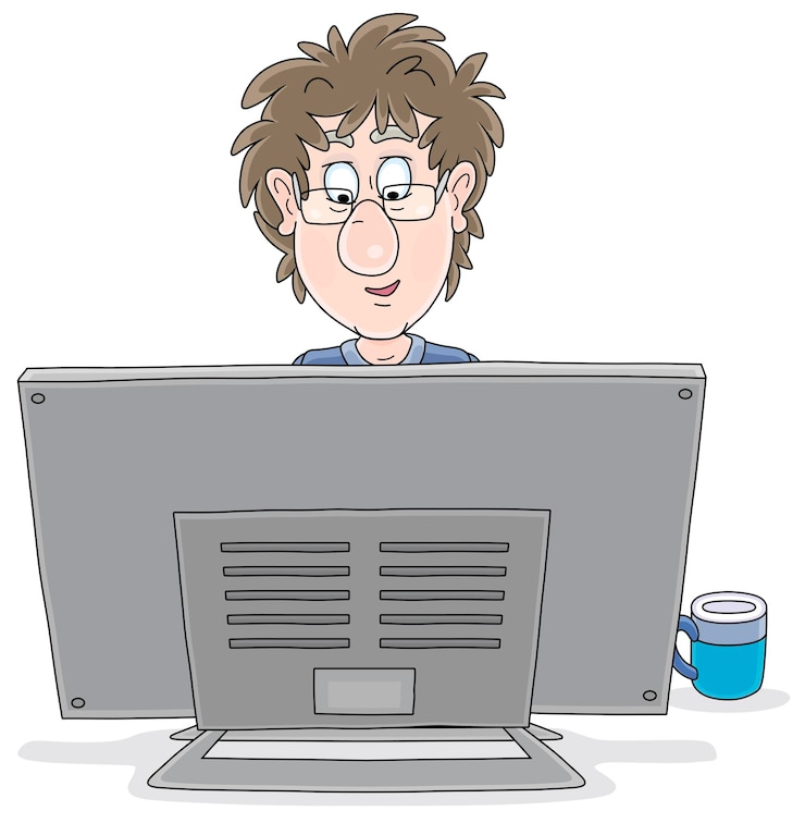 Vector un tipo gracioso trabajando en su computadora y mirando atentamente un monitor grande