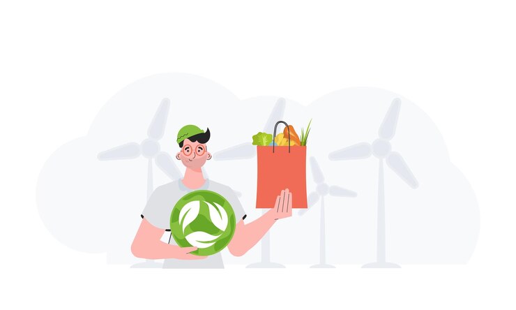 Vector el tipo se muestra hasta la cintura sosteniendo un ícono de eko y una bolsa de nutrición adecuada, reciclaje de ecología de alimentos saludables y concepto de desperdicio cero, estilo plano de moda, vector