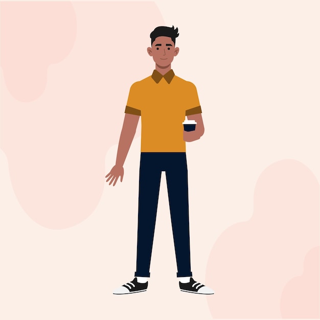 Un tipo negro de carácter plano de pie sosteniendo una taza de café vista delantera