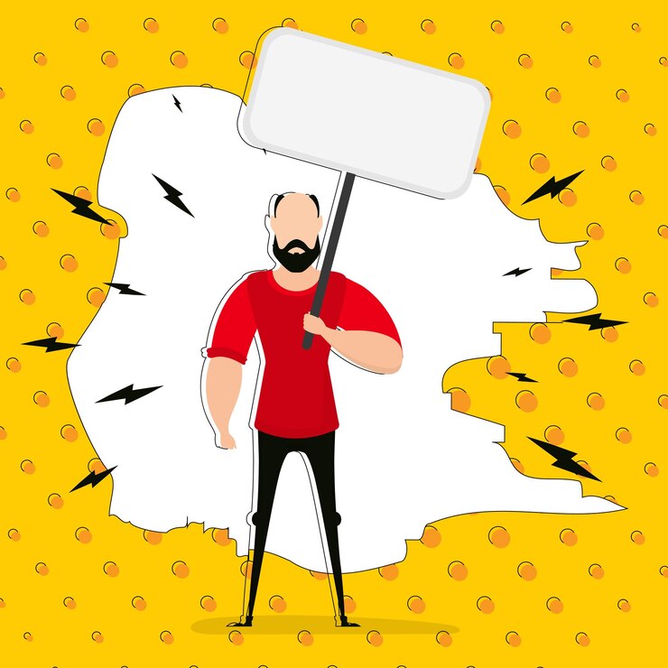 Vector un tipo con una pancarta vacía y espacio para tu texto estilo de dibujos animados de arte pop vector