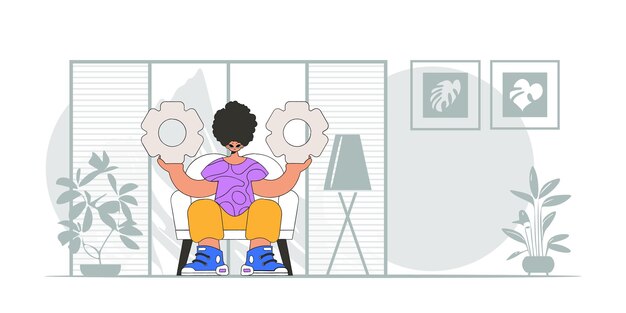 Un tipo presentable sostiene engranajes en sus manos Ilustración sobre el tema de la aparición de una idea