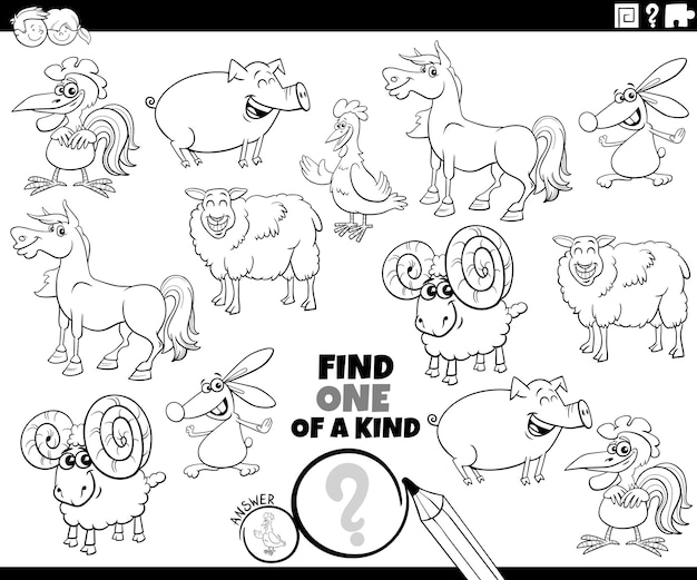 uno de un tipo de rompecabezas con dibujos animados de animales de granja página de colorear