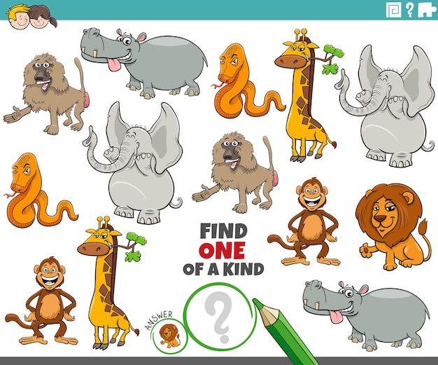 uno de un tipo de rompecabezas con dibujos animados animales salvajes página de colorear