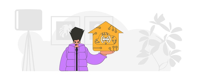 Un tipo sentado en el suelo, agarrando un moderno logotipo de IOT en estilo vectorial.