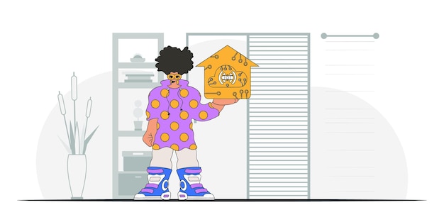 Un tipo sentado en el suelo sosteniendo un logotipo basado en el carácter vectorial moderno de Internet de las cosas