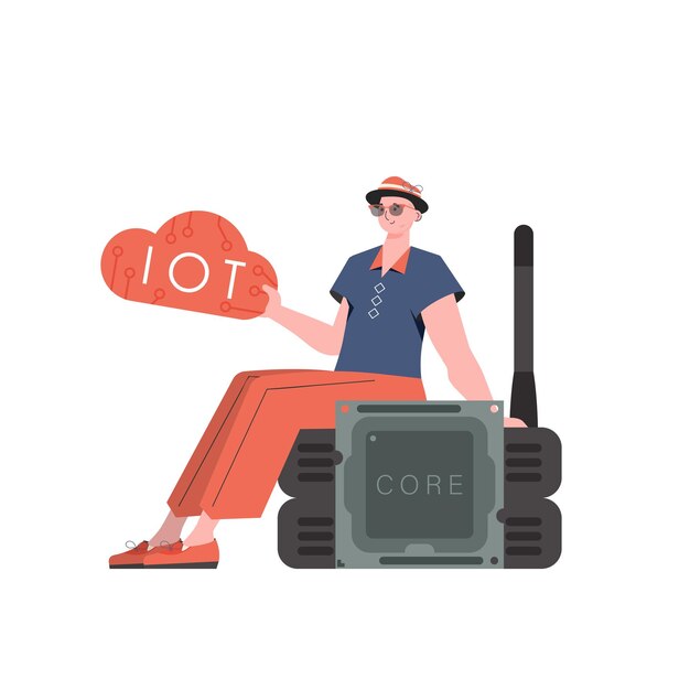 El tipo se sienta en el enrutador y sostiene el logotipo de Internet de las cosas en sus manos Concepto de Internet de las cosas Estilo plano de moda aislado Vector