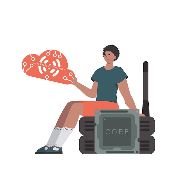El tipo se sienta en el enrutador y tiene el logotipo de Internet de las cosas en sus manos Internet de las cosas y el concepto de automatización Ilustración vectorial aislada en un estilo moderno y plano