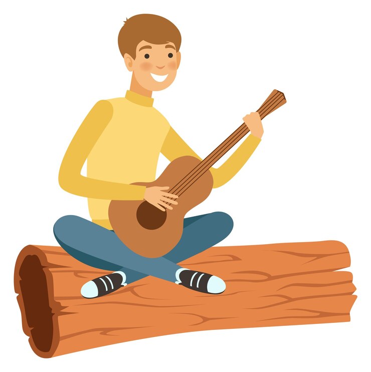 Vector un tipo se sienta en un tronco de madera y toca la guitarra en un campamento de viajes al aire libre