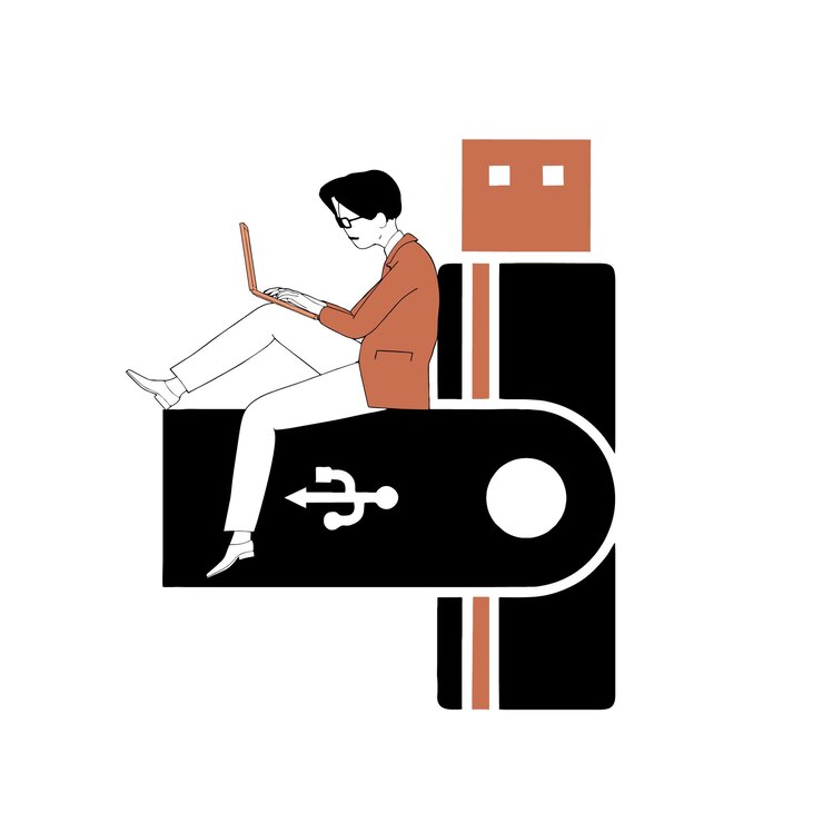 Vector un tipo se sienta en una unidad de memoria con una computadora portátil y descarga datos