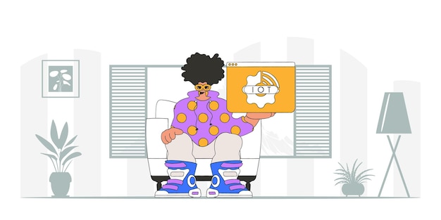Un tipo sosteniendo el logo de IoT, sentado en el suelo en un vector de estilo moderno.