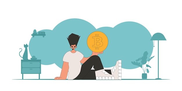 El tipo sostiene un bitcoin El concepto de interacción con activos monetarios digitales