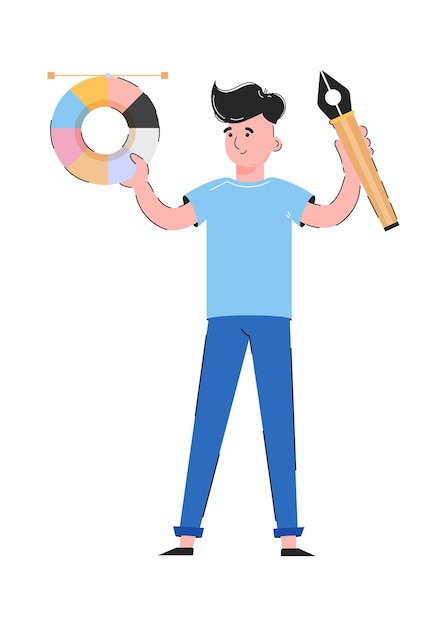 El tipo sostiene un bolígrafo gráfico y una rueda de color en sus manos Aislado en fondo blanco Bueno para presentaciones de aplicaciones y sitios web Vector