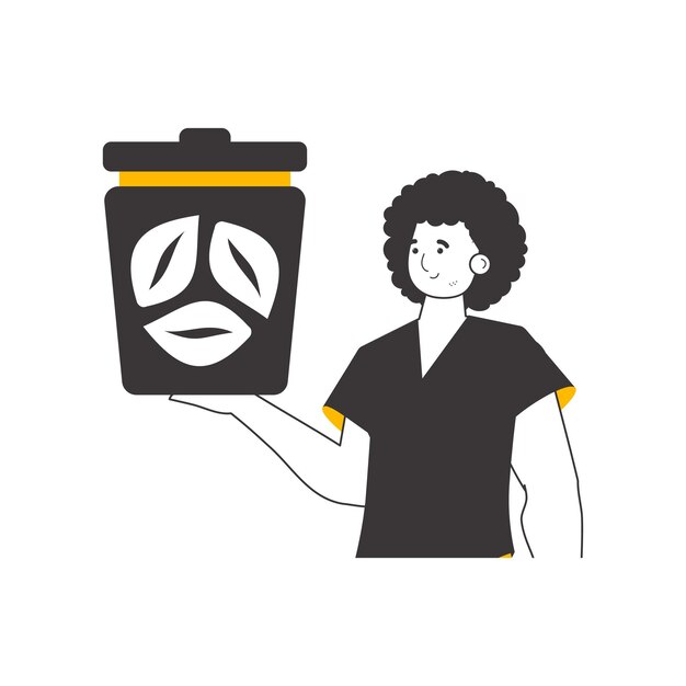 El tipo sostiene un bote de basura El concepto de reciclaje de plástico y desechos Estilo lineal de moda Aislado en fondo blanco Ilustración vectorial