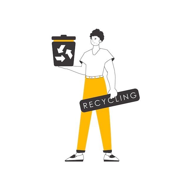 El tipo sostiene un bote de basura El concepto de reciclaje de plástico y residuos Estilo lineal Aislado sobre fondo blanco Ilustración vectorial