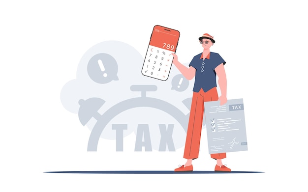 El tipo sostiene una calculadora y un formulario de impuestos en sus manos El concepto de pago y cálculo de impuestos Ilustración vectorial