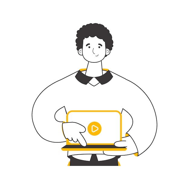 El tipo sostiene una computadora portátil y presiona reproducir Estilo lineal de moda Ilustración vectorial