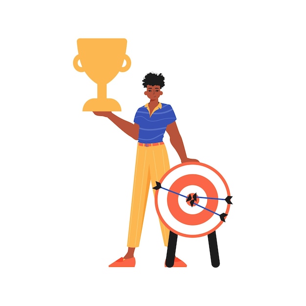 El tipo sostiene la copa del triunfador en su mano Ilustración vectorial de estilo moderno