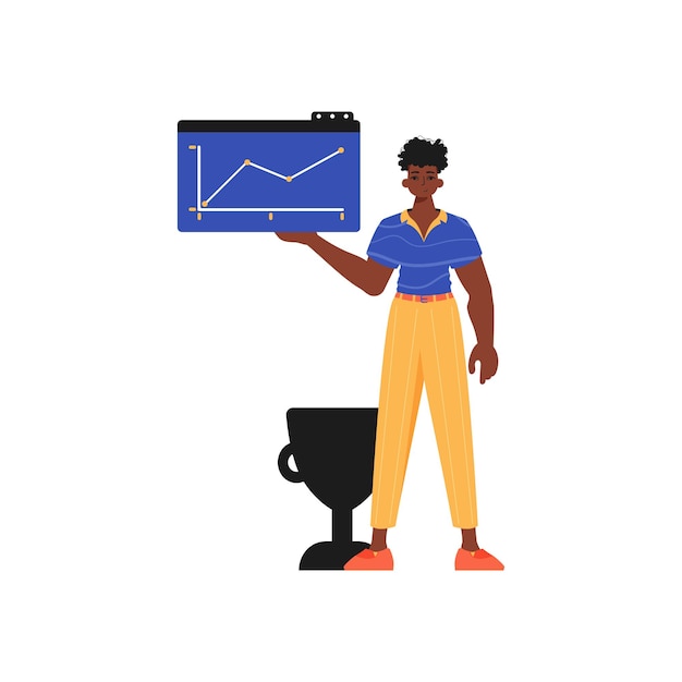 El tipo sostiene un gráfico con poder moral positivista en su lugar de trabajo impulsa la ilustración vectorial de estilo moderno
